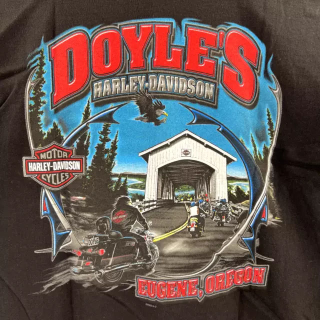 Doyle's Harley Davidson Black T-Shirt Men's 2XL Eugene, OR (2003) VG Pre-Owned