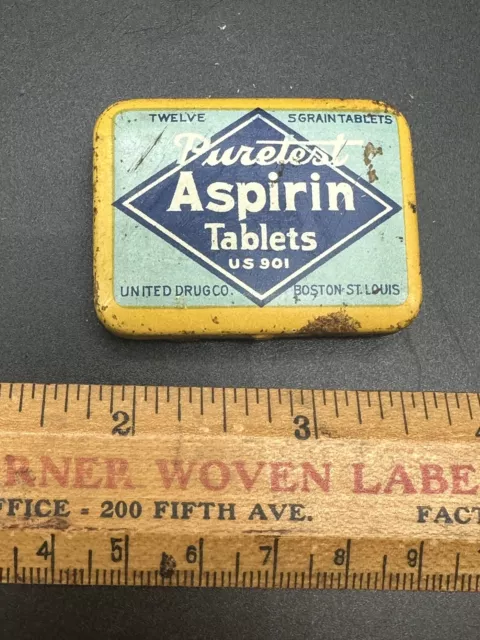 Vintage PURETEST ASPIRIN TABLETS Advertising TIN w/Content & Flyer Rexall Stores
