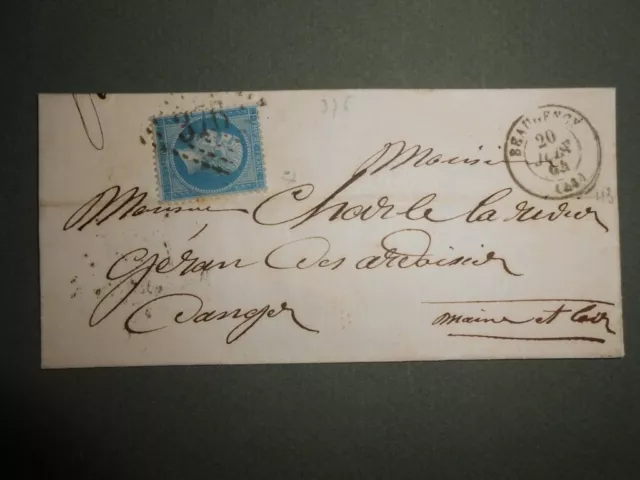 France Napoléon III 20c sur lettre GC 376 Beaugency juin 1864 Angers timbre
