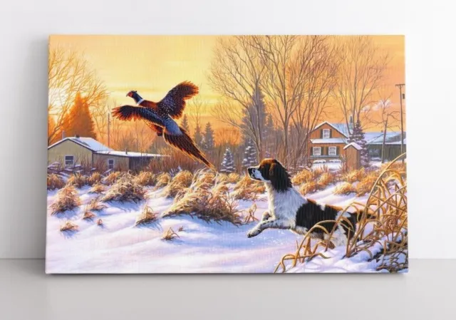 Vintage Hunting Dog Pheasant Farmhouse Painting Framed Canvas Wall Art Print