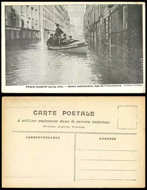 PARIS FLOOD 1910 Old Postcard Canot Automobile Rue de l'Universite ...