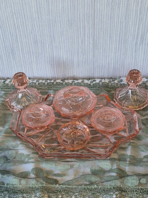 open lace back dress Pink Glass Vanity Set | Dressing Table | Retro Vintage Unique