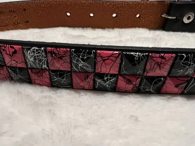 Punk Rock Black &Hot Pink Star Studded Checkerboard Genuine Leather Belt 28” EUC