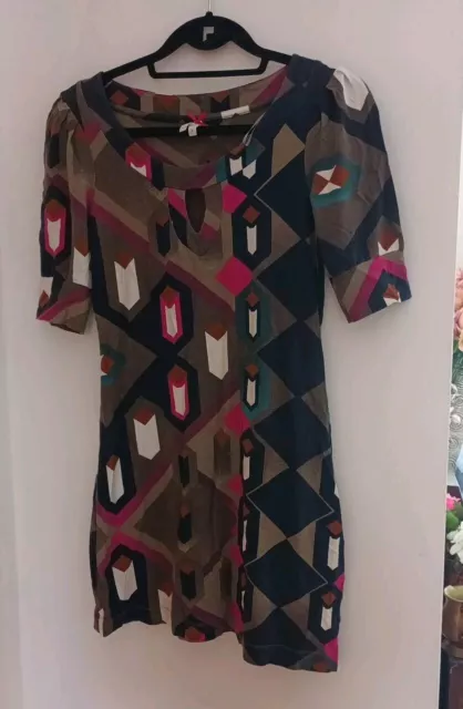 Next Size 8 Tunic Top Geometric Short Sleeved Blue Brown Pink Colourful Soft