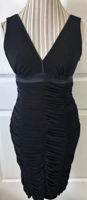 Laundry by Shelli Segal Ruched Black Coffin Bodycon Dress Silk Trim ~ Size 10