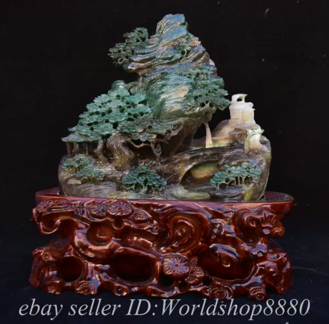 11.2" Chinese Natural Dushan Jade Carved Mountain Tree Figure House Statue