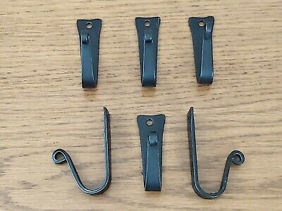 6 Amish forged black wrought iron wall J hooks w/ screws  - strong sturdy metal
