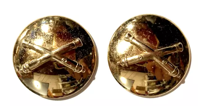 Vintage US Army Field Artillery Crossed Cannons Collar Discs Goldtone Set Of Two