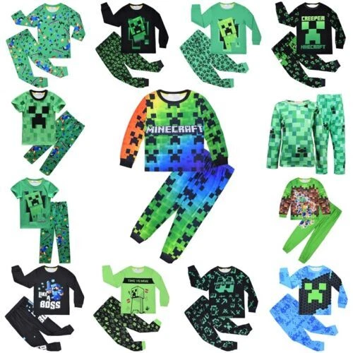 Boys Girls Minecraft T-shirt Pants Pyjamas Pjs Set Nightwear Outfit Kids Gift