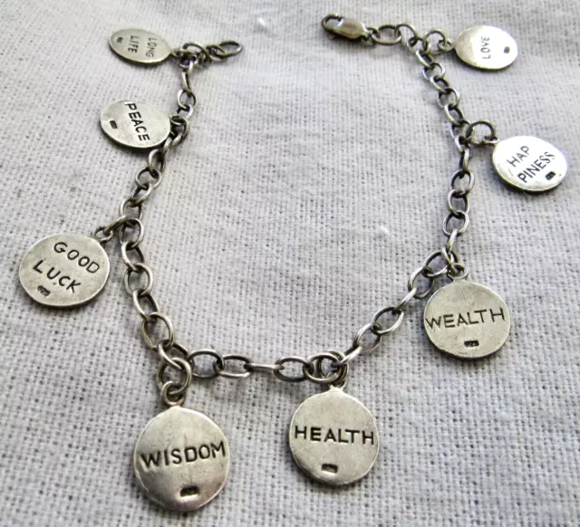 Vintage 925 Sterling Silver Chinese Characters Health-Happiness+ Charm Bracelet