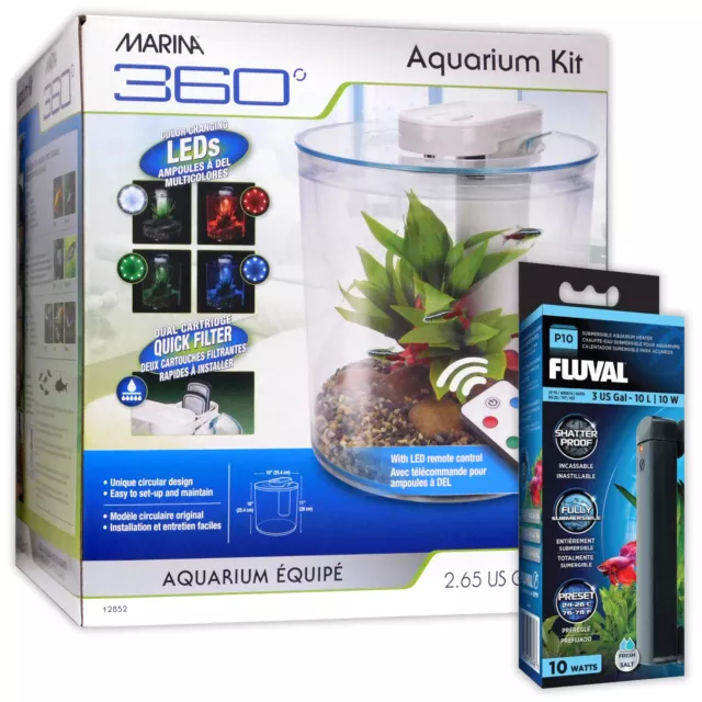 Marina 360 Tropical Aquarium LED Remote 4 Colours Fish Tank Heater Beginner 10L