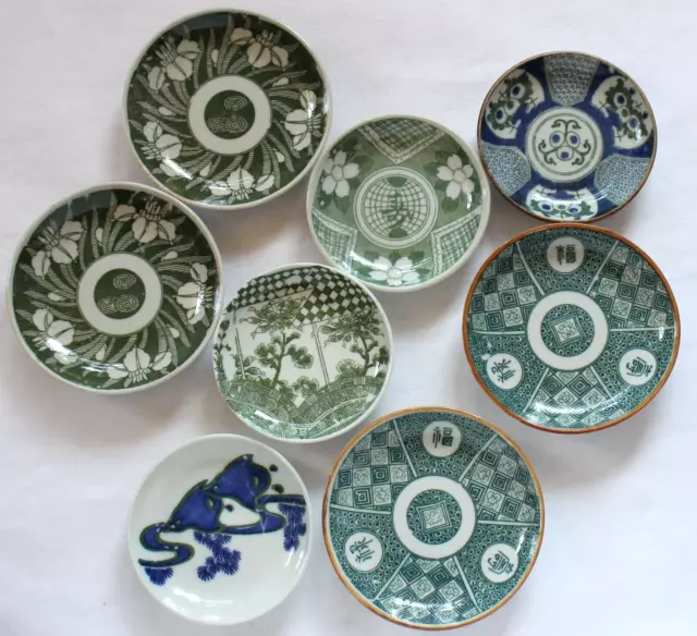Japanese Porcelain Plate Green White Blue Flower Bird Kanji 8pieces Vintage