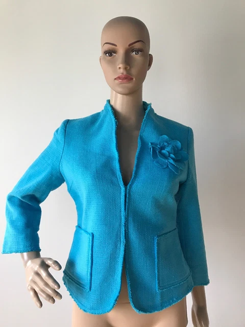 Old Navy Blue Textured Cotton Jacket Coat Frayed Edges Removable Flower Pin S