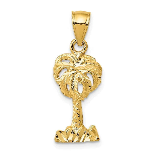 14K Yellow Gold Polished Diamond-cut Palm Tree Pendant for Womens