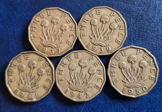 5x British George VI Brass Threepences (1937 - 1952)