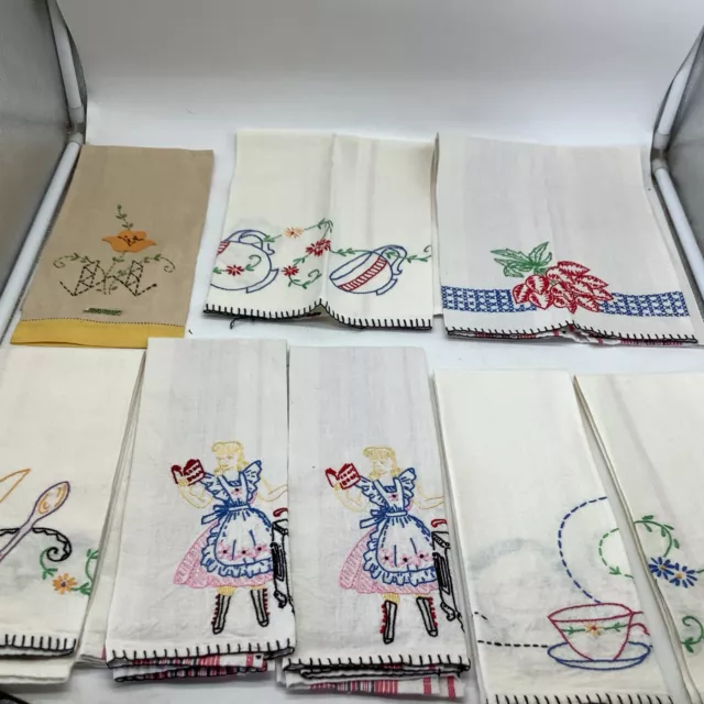 8 UNUSED Hand Embroidered Dish Tea Towels Flowers Teacups Homemaker Cherries+++