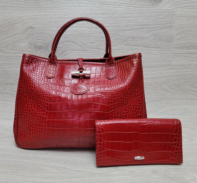 Authentic Longchamp Bag and Wallet Red Croc Embossed Leather Tote Purse snake