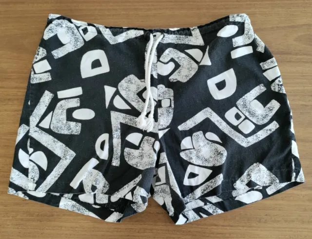 Vintage Women 80s Beach Unisex Shorts Size Large Cotton Black/White Baggies Tiki