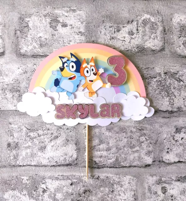 Pastel Rainbow Bluey Cake Topper Personalised Name Age Glittery