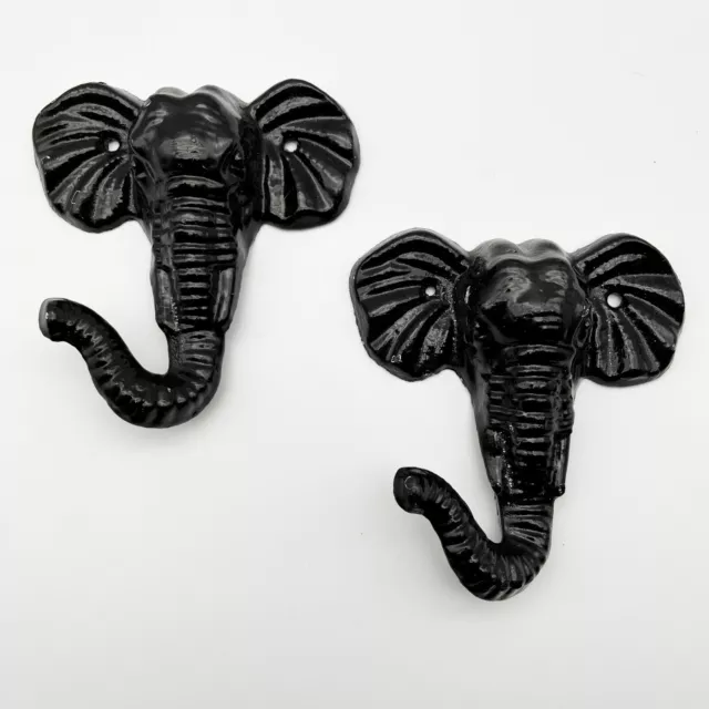 2 Cast Iron Elephant Hooks Black Wall Mounted Hat Towel Key Coat