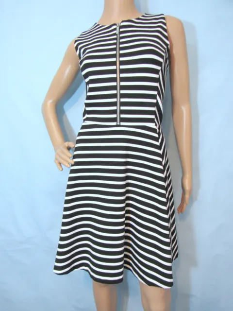 MICHAEL KORS Size 10 Black & White Striped Sleeveless Knit Fit & Flare Dress