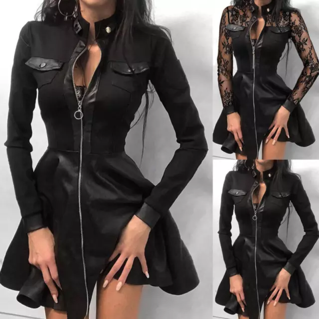 Women Sexy Lace Long Sleeve Zipper Pocket Large Hem Faux Leather Mini Dress Slim