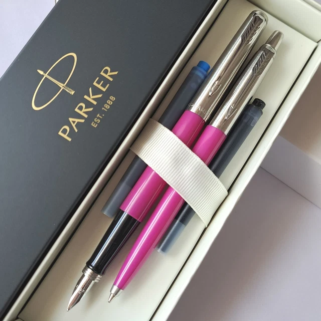 NEW PARKER BALLPOINT & Fountain Pen Set Glossy Magenta & Chrome Steel