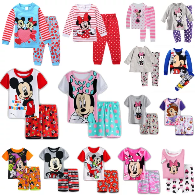 Boys Girls Mickey Minnie Mouse Cartoon Kid Nightie Pyjamas Pjs Set Sleepwears