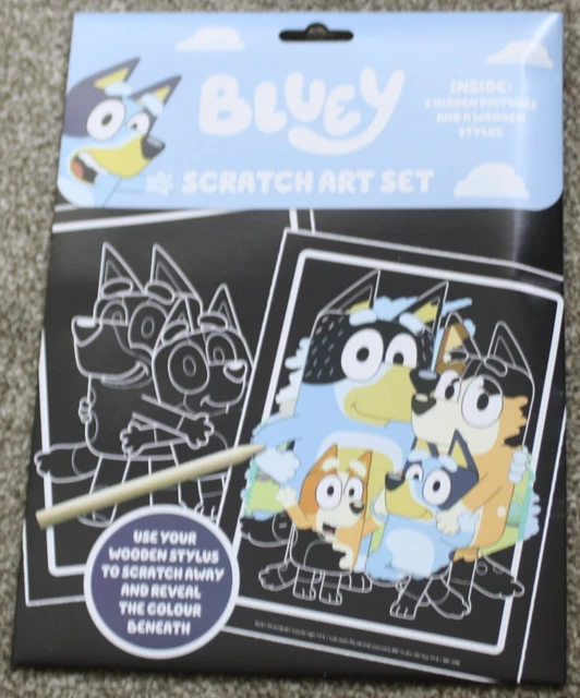 BLUEY SCRATCH DRAWING Art Set 2 Hidden Pictures & a Wooden Stylus Age 5