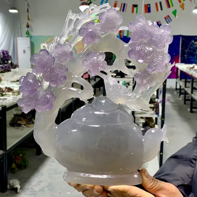 Tetera de pájaro flor de ciruela tallada en cristal de fluorita natural de 6,06 lbn ""xi shang mei shao""