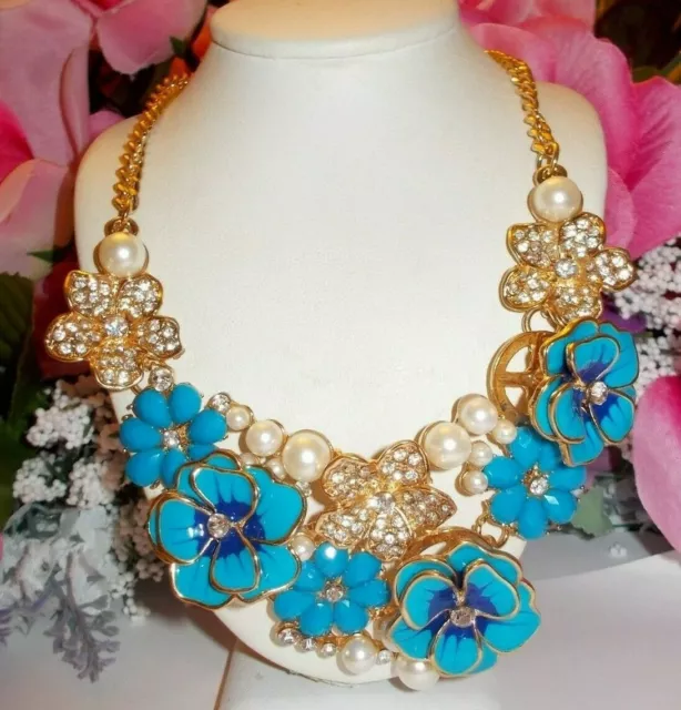 Beautiful Betsey Johnson Blue Crystal Pearl & Enamel Peach Blossom Necklace