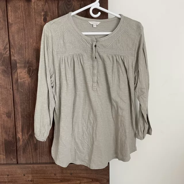 Lucky Brand Top Womens 1x Taupe Gray Embroidered Boho Blouse Peasant Henley