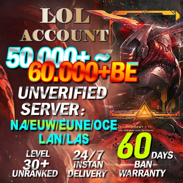 EUW EUNE League of Legends Account LOL Smurf 40K 50K 60K BE 🚀 Level 30  Unranked