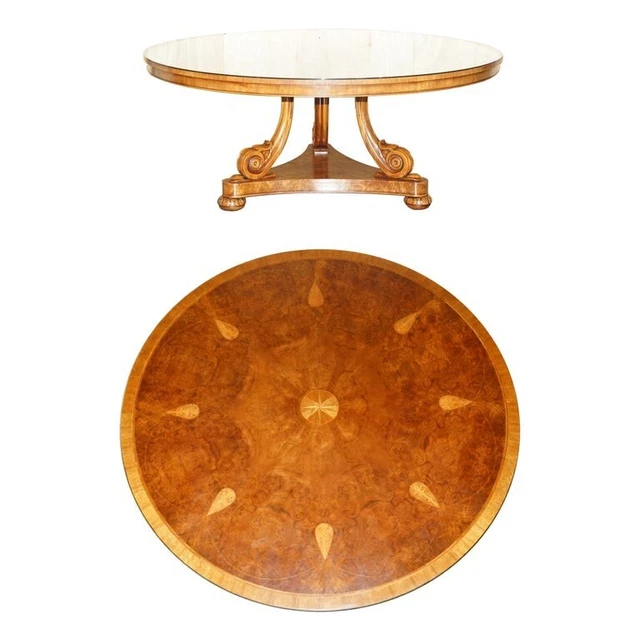 Large 182.5Cm Wide Burr Walnut Mahogany & Satinwood Round Dining Table Seats 8