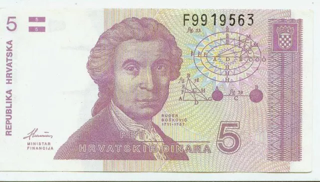 Europa Geld Banknote Geldschein Kroatien 5 Dinara 1991 P.17a