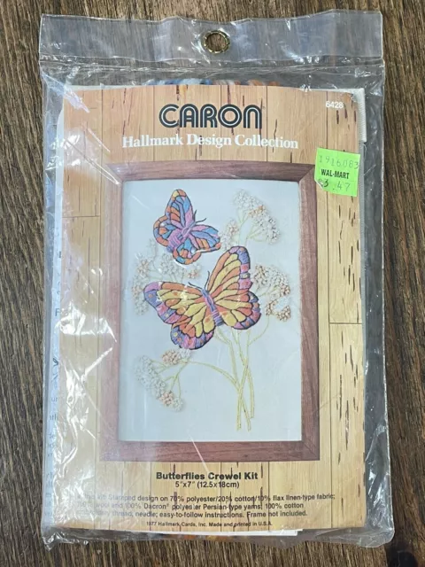 Kit de bordado Crewel 1977 mariposas Caron 5"" x 7"" 6428 de colección sin abrir