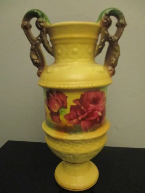 Vintage Antique Victorian Huge Red Roses Gold Gilt Handled Ceramic Czech Vase!