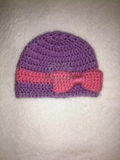 Chapeau bébé rose et violet au crochet avec nœud douche bébé accessoire photo cadeau 2