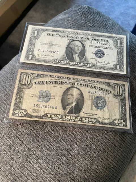 1934 $10 Silver Certificate & 1935D $1 Silver Very Lot Of 1 Each In New Holders