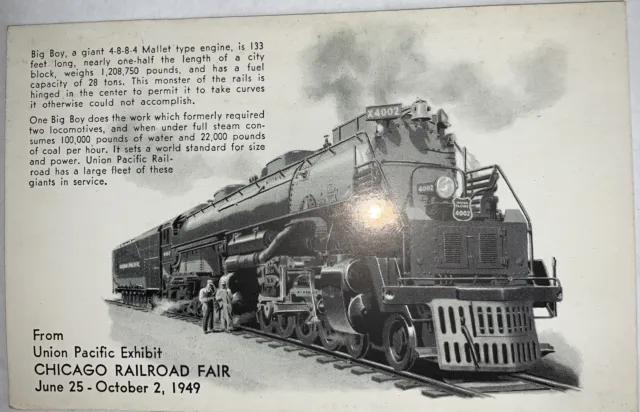 1949 Postcard Big Boy Mallet Engine Union Pacific Exhibit Chicago Railroad Fair
