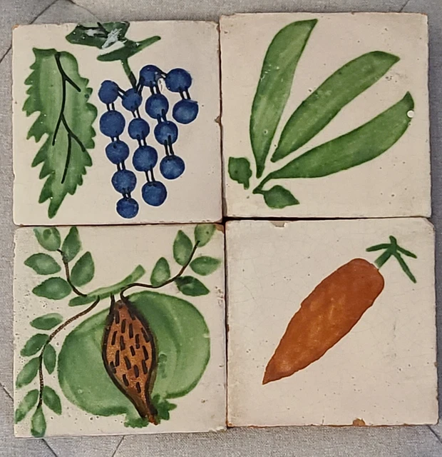 Vintage Farmhouse Painted Terracotta Glazed Tiles Vegetables Set of 4 Vintage Farmhouse Painted Terracotta Glazed Tiles Vegetables Set of 4