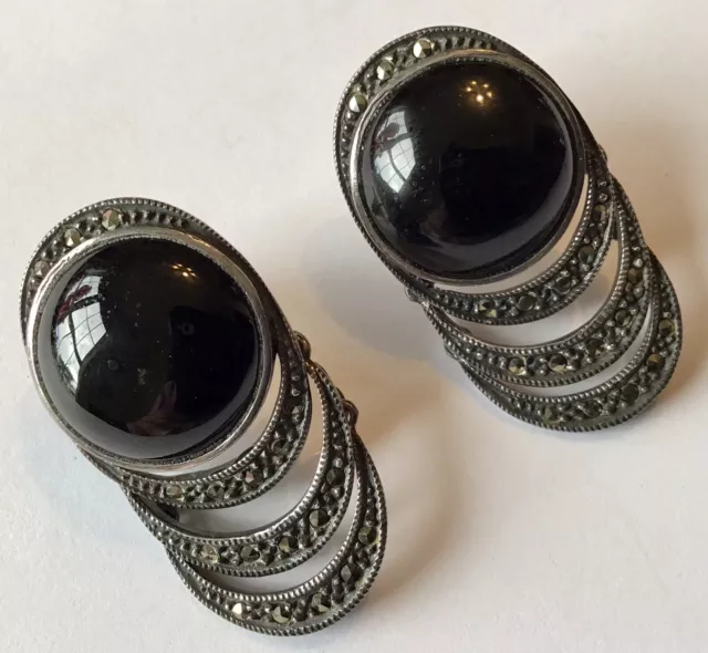 Vintage Judith Jack (Jj) Signed Sterling Silver Black Onyx & Marcasite Earrings