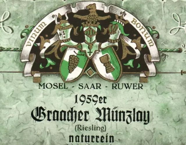 Shield Emblem Mosel Saar Ruwer Munzlay Riesling 1950's 1959er  German Wine Label