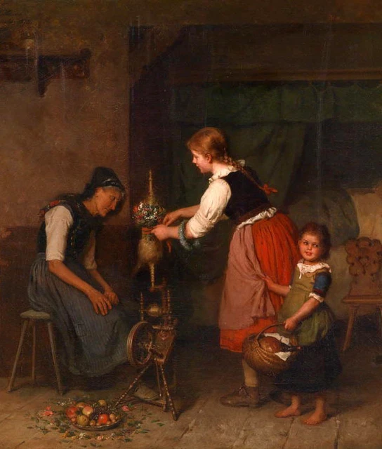 LARGE OIL PAINTING portraits old woman with young girl free shipping