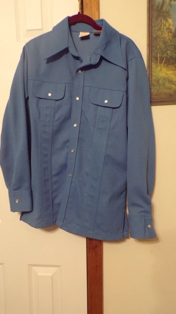 Retro King's Road  Sz. Med (38-40) Men's 2 Pc Blue Poly Leisure Suit Pearl Snaps