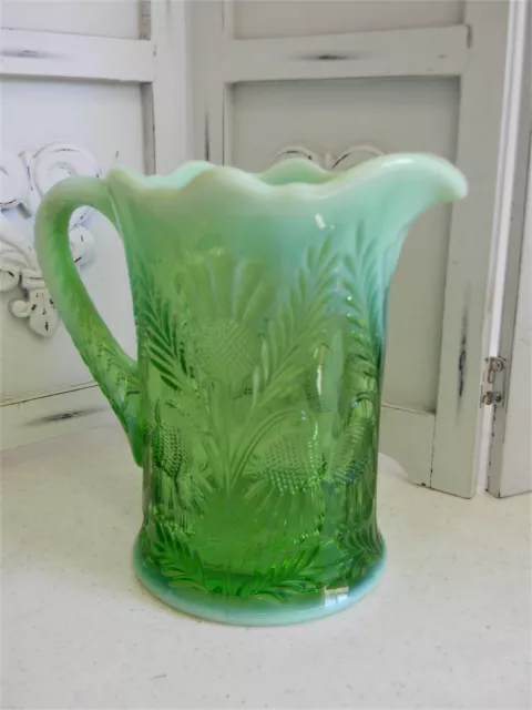 HTF Beautiful Vintage Green Opalescent Mosser Pitcher~Dasies & Fern