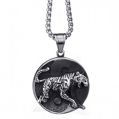Men's Large Silver Tiger Yin Yang Solid Stainless Steel Pendant Necklace Set 