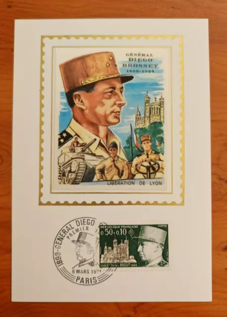 1971 Général BROSSET  Libération de LYON, Carte maximum sur SOIE 1er jour fdc