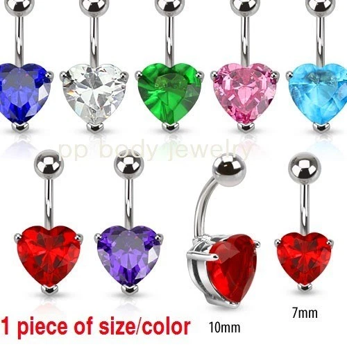 1pc. 14G~3/8"- 7mm & 10mm Heart C.Z. Prong Set 316L Surgical Steel Navel Ring
