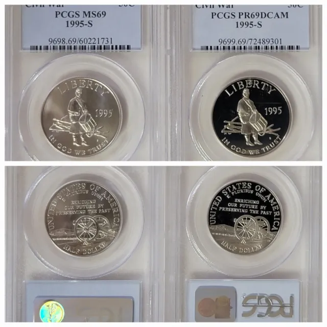 2- 1995S Civil War Commemorative Half Dollars PCGS-MS69 & PCGS PR69DCAM .50c N/R